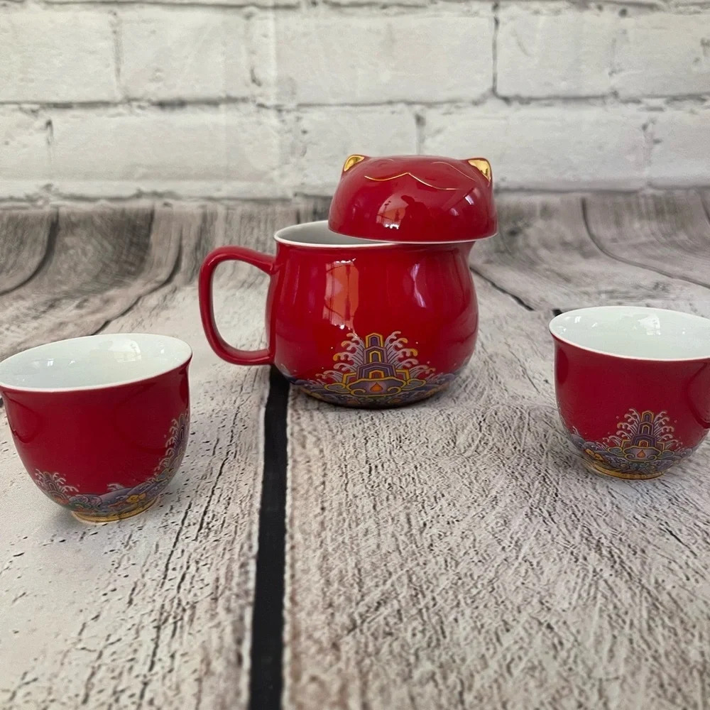 Ceramic Asian inspired red cat mug and tea cups